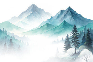 Watercolor painting of a misty mountain range with evergreen trees, creating a serene and ethereal landscape isolated on transparent background