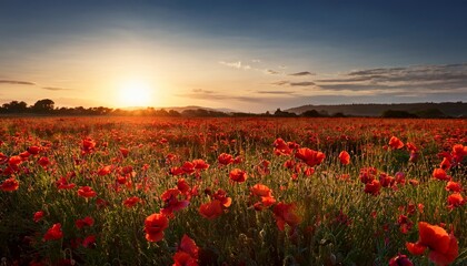 Obraz premium a field of red poppies with the sun setting in the background