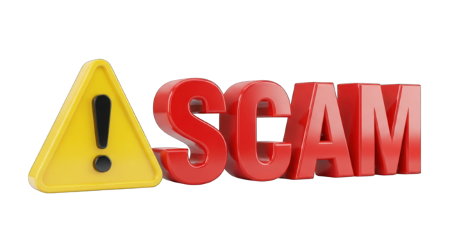 Red SCAM Text with Yellow Warning Sign.