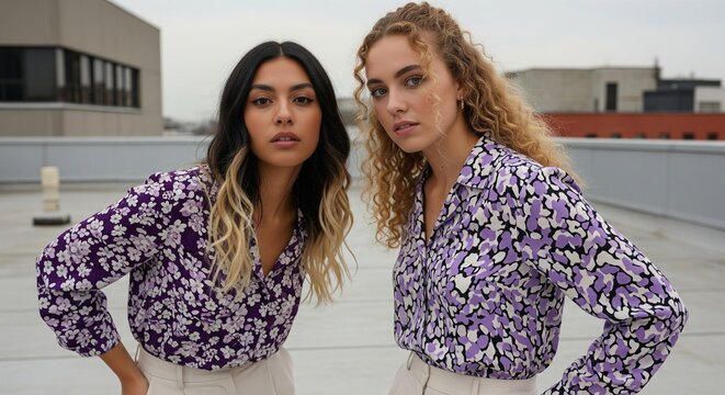 Two stylish young women confidently showcase modern floral blouses in fashion forward apparel campaign