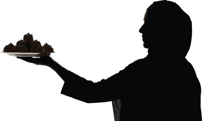 Silhouette of woman offering sweet plate in hand, traditional gesture for Indian religious rituals, celebrations, festivals, and cultural events.