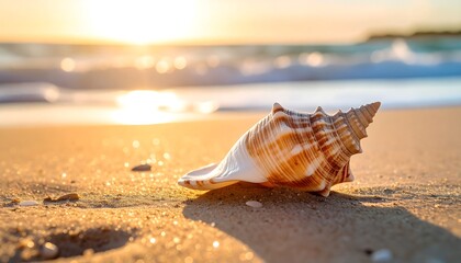 Seashell on sandy beach with ocean waves background bathed in golden sunset light