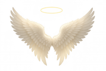 Realistic white feathered angel wings with golden halo isolated on transparent background, perfect for spiritual or religious designs