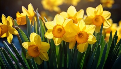 Fototapeta premium bunch of daffodils with bright yellow petals in natural light