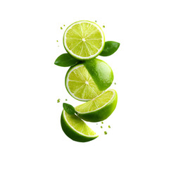 Mid-air cascade of fresh lime wedges with juice droplets frozen in motion
