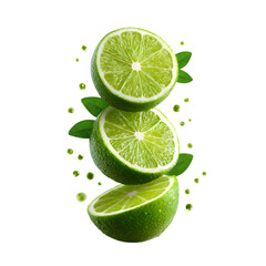 Mid-air cascade of fresh lime wedges with juice droplets frozen in motion