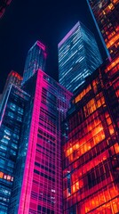 Obraz premium Modern skyscrapers with vibrant pink and red neon lights at night buildings city photo