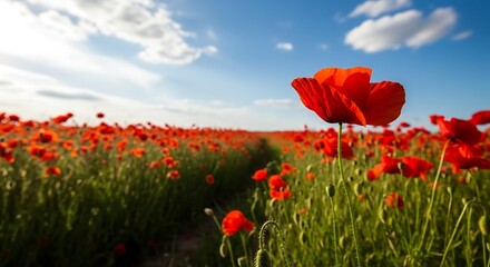 Fototapeta premium Vibrant Red Poppy Field Under a Blue Summer Sky.