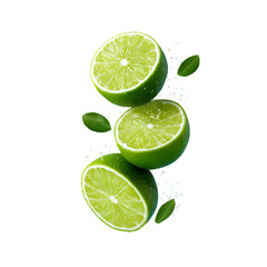 Mid-air cascade of fresh lime wedges with juice droplets frozen in motion