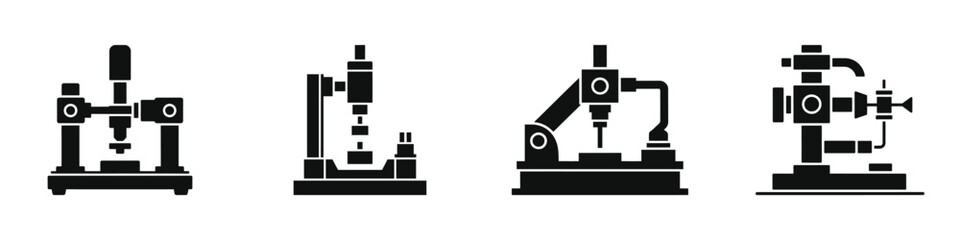 Industrial Drilling Machine Icons Set – Black Silhouette Vector Illustrations of Mechanical Equipment for Manufacturing, CNC, and Engineering Purposes