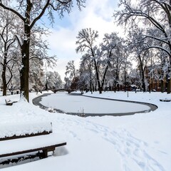 Fototapeta premium Winter park scene with frozen pond. Snowy trees, benches, and paths
