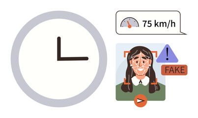 Clock, facial recognition with fake alert, and speed 75 kmh meter highlight technology use in time, security, and monitoring. Ideal for AI, ethics, data management, surveillance automation