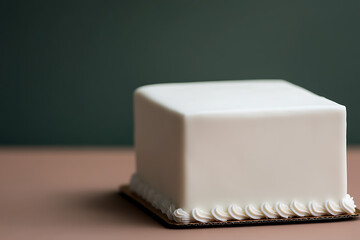 Simple celebration: A pristine square cake, iced in smooth white, sits ready for decorating and celebration, set against a contrasting backdrop.