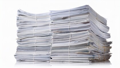 large stack of white papers piled high on white background cut out