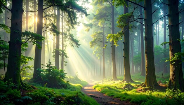 Sunlight streams through a misty forest (3)