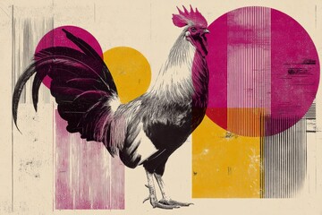 Abstract rooster art with geometric shapes and vibrant colors