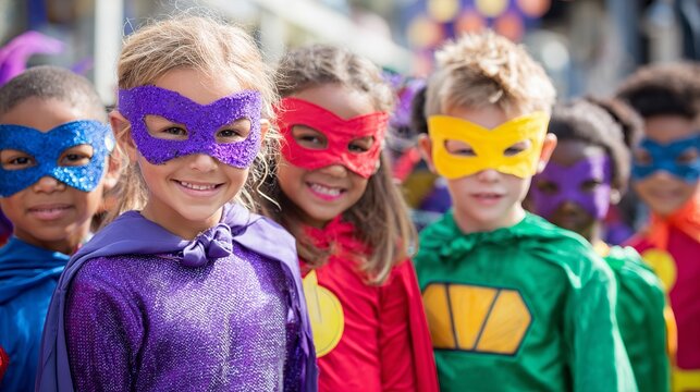 Joyful diverse children dressed as superheroes smile confidently, ready for adventure and imaginative play in vibrant costumes - Powered by Adobe