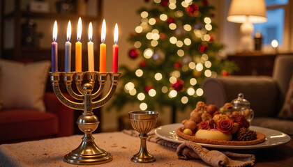 Elegant kinara with colorful candles in cozy living room, holiday warmth