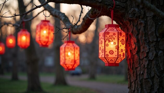 Red lanterns illuminate tree branches, festive holiday decorations for outdoor event. Holiday decorations feature bright red and intricate designs.
