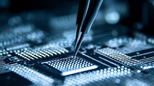 Closeup on a multilayer circuit board design in focus showcasing intricate layer connections and testing probes during developmental verification.