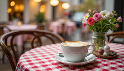 Fototapeta premium Cozy café with cappuccino and flowers on checkered tablecloth, warmth