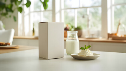 Minimalist white packaging stands on a table next to a milk jug and butter dish