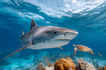 Naklejka premium Close-up of shark swimming in vibrant coral reef with sea turtle