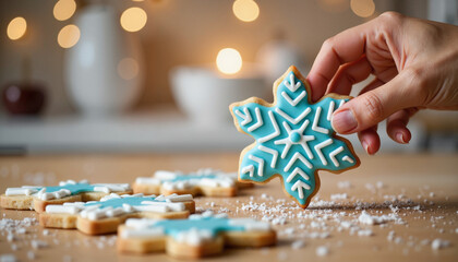 Hand holding elegant snowflake cookie in cozy kitchen, winter warmth