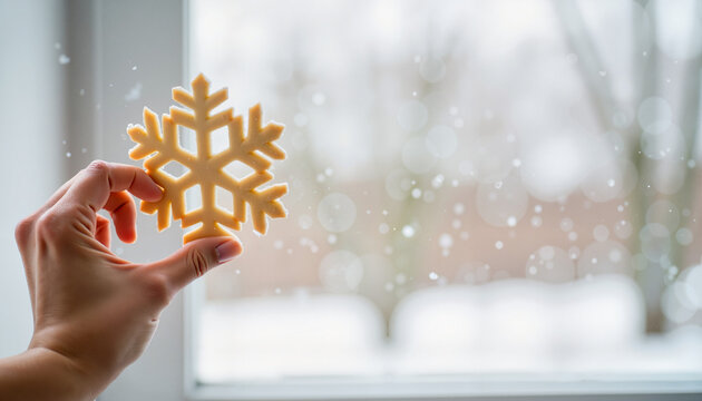 Hand holding snowflake cookie in winter setting, festive warmth