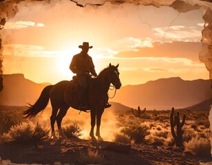 Cowboy silhouette riding horse at desert sunset western scene high resolution photo
