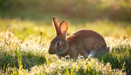 Fototapeta premium serene spring rabbit in sunlit meadow dew kissed fur easter bunny wildlife photography