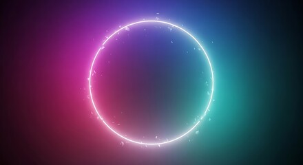 Neon circle with glowing particles on colorful gradient background