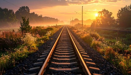 A tranquil railway track stretches into a hazy sunrise, bathed in warm golden light, with lush greenery lining both sides.