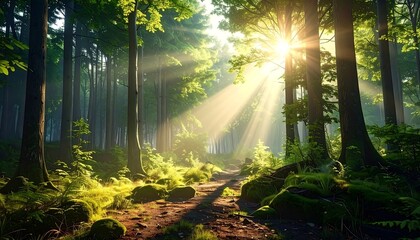 Obraz premium Sunlight streams through a misty forest