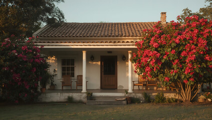 A charming, light-colored cottage with a porch, surrounded by lush landscaping, bathed in warm sunlight.