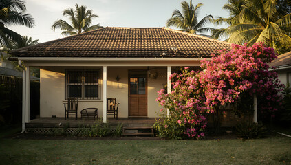 Fototapeta premium Quaint bungalow with vibrant bougainvillea, bathed in warm evening light.