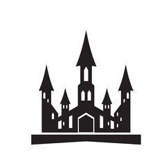 Stylized silhouette of a medieval gothic castle on a white background.
