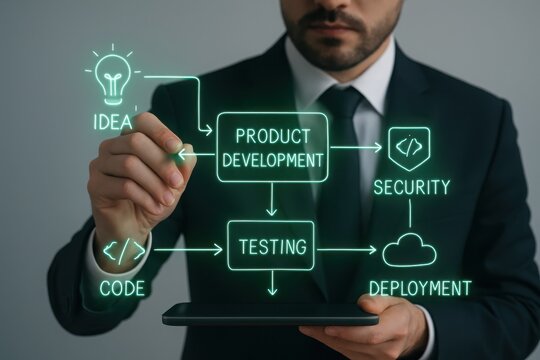 Business professional illustrates product development process with digital flowchart