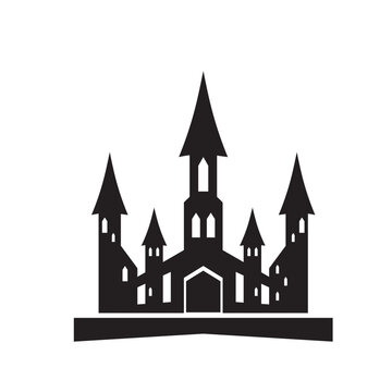 Stylized silhouette of a medieval gothic castle on a white background.