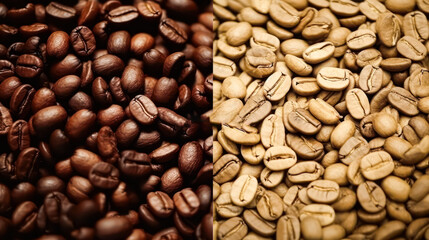 Fototapeta premium Detailed close-up of roasted dark coffee beans on one side and raw green coffee beans on the other, highlighting the rich textures and colors, perfect for coffee lovers and culinary uses