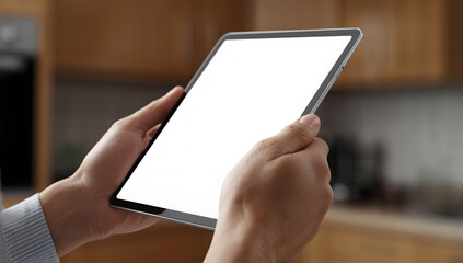 Close-up of hands holding a tablet computer with a blank screen in a kitchen setting.