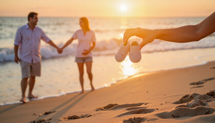 Expectant couple holding tiny baby shoes on beach at sunset, joyful anticipation