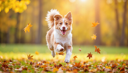 Happy dog leaping through autumn leaves in open field, joyful playfulness
