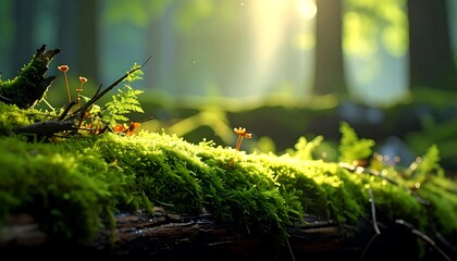 Sunlight filtering through a forest, highlighting vibrant green moss and delicate flora on a fallen log.