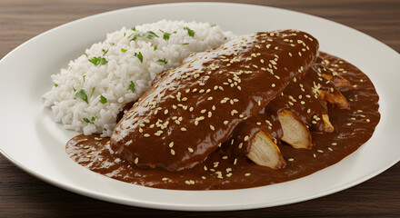 Mexican mole poblano with chicken, rice and sesame seeds. A rich, flavorful and visually stunning dish ideal for gourmet and cultural culinary photography.