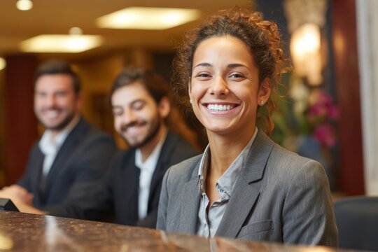 A smiling hotel receptionist standing at the front desk, with two male coworkers smiling, ready to assist guests and provide excellent customer service at the hotel.