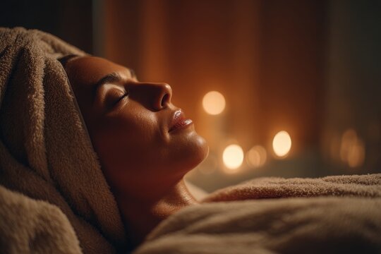 A serene woman relaxes in a spa setting, wrapped in a towel with soft lighting enhancing her tranquil expression, creating a peaceful and calming atmosphere for wellness.