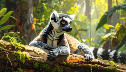 A relaxed lemur rests comfortably on a sun-drenched forest log, its striking patterns and vibrant colors creating a captivating image of the jungle's tranquility.