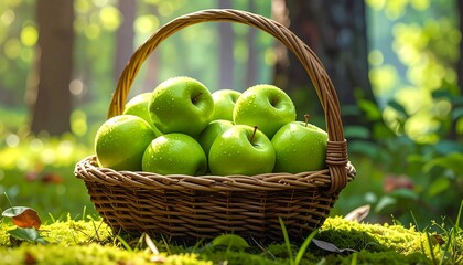 A wicker basket overflowing with fresh, vibrant green apples, glistening with dew drops, sits on a bed of moss in a sunlit forest scene.