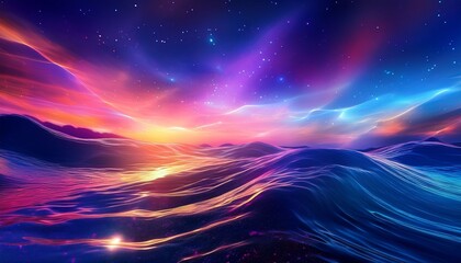glowing particles and fluid waves form a vibrant backdrop like a rich colorful summer evening sky